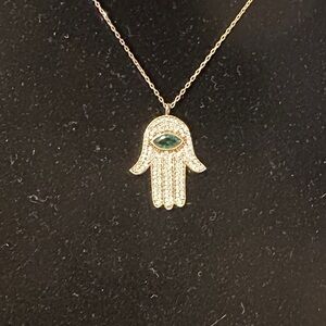 Antiqued Gold Hamsa with Marquis cut Emerald Pendant Necklace